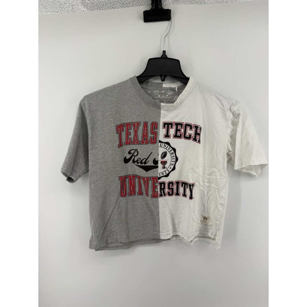 Pressbox Women’s Gray White Split Graphic Texas Tech Crop Top Short Sleeve Small